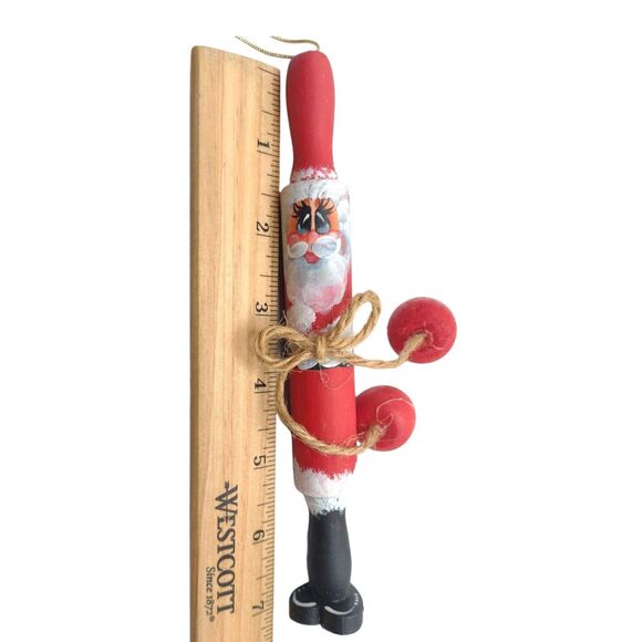 Vintage Wood Hand Painted Rollin Pin Santa Ornament Long Thin Big Eyes 7" - Picture 5 of 7